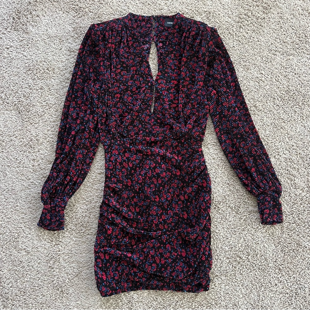 Sabina Musayev Long Sleeve Shoulder Pad Dark Floral CAPELLA MINI DRESS Small